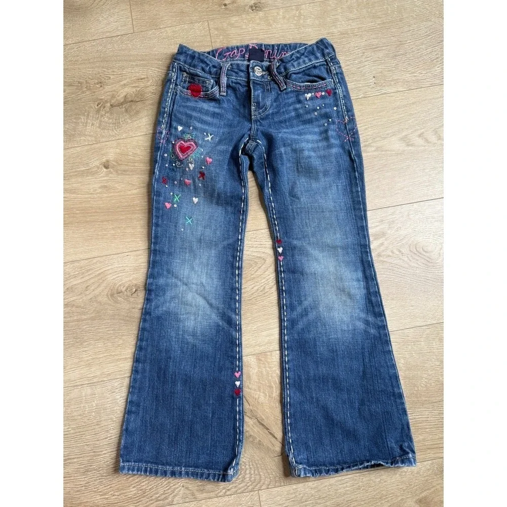 EUC Kids Girls Gap Denim embroidered Y2K Vintage flare jeans hearts size 6